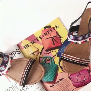 Embroidered Pom Pom black embroidered flat sandals